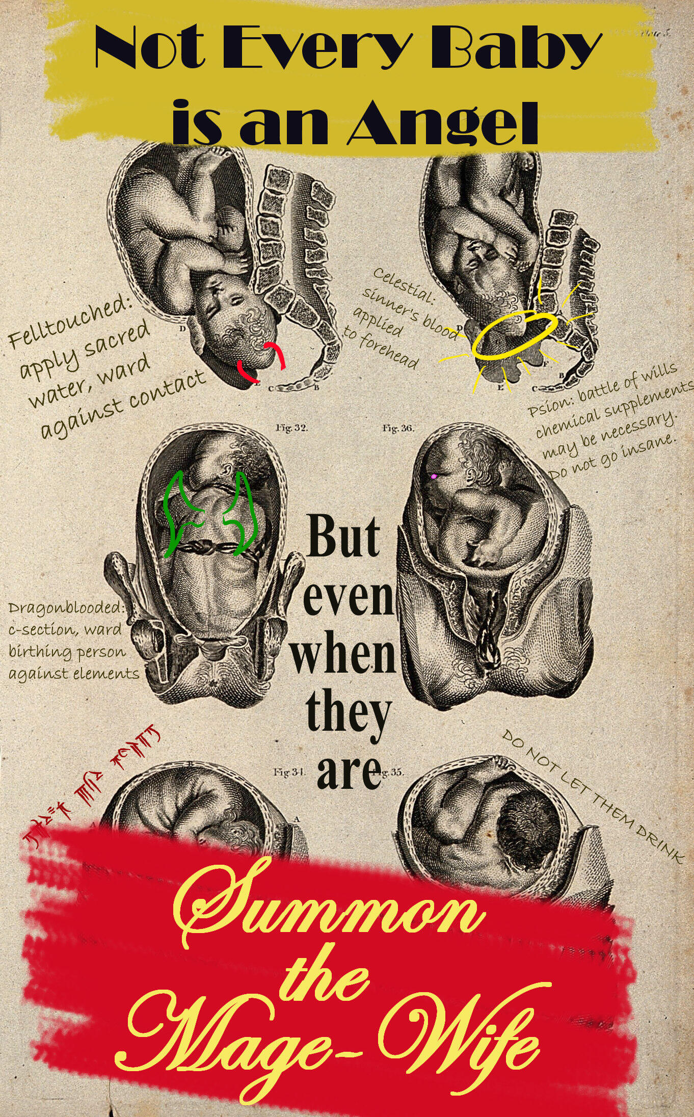 Summon the Mage-Wife mock cover An old medical illustration of six babies with birth complications. They have drawn on them haloes, horns, wings, and glowing pink eyes. The top caption reads: NOT EVERY BABY IS AN ANGEL. In the centre the text reads: But even when they are. And on the bot