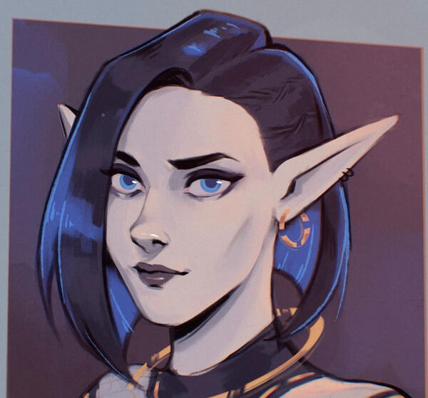 A cyberpunk elf with asymmetrical black hair and a blue undertint.
