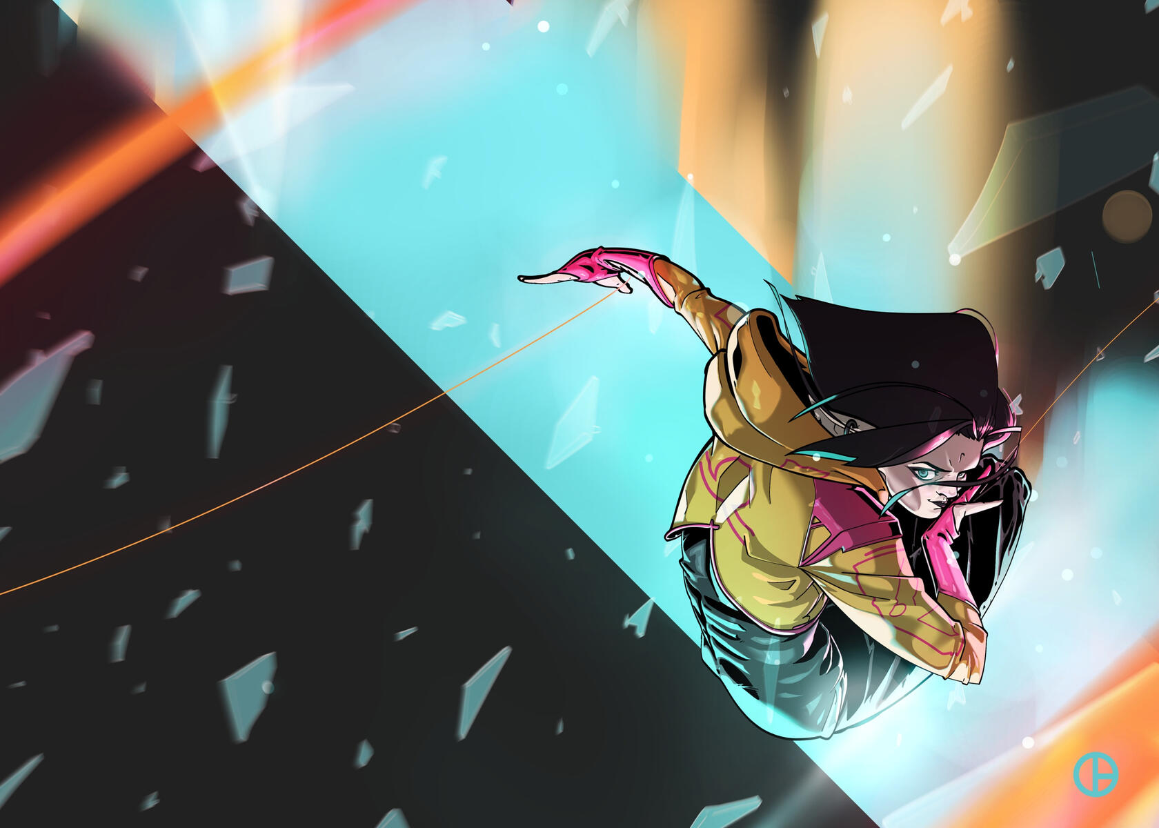 Boombride Poster A cyberpunk elf falling through broken glass. Two monowires whip from her hands.